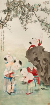 hunde spielen poker Ölbilder verkaufen - Chang dai chien Kinder spielen unter einem Granatapfel Baum Cartoon